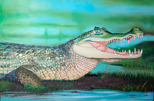Cuadro al óleo - Cocodrilo en pantano